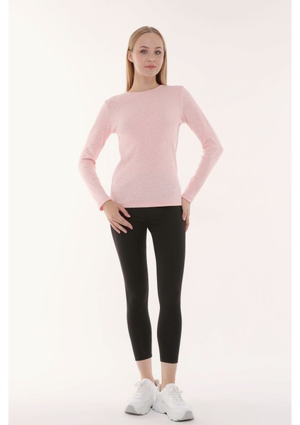 Kadın Bisiklet Yaka Uzun Kollu Regular Fit Basic Tişört Pembe
