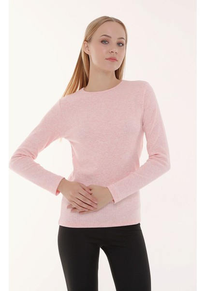 Kadın Bisiklet Yaka Uzun Kollu Regular Fit Basic Tişört Pembe modelleri