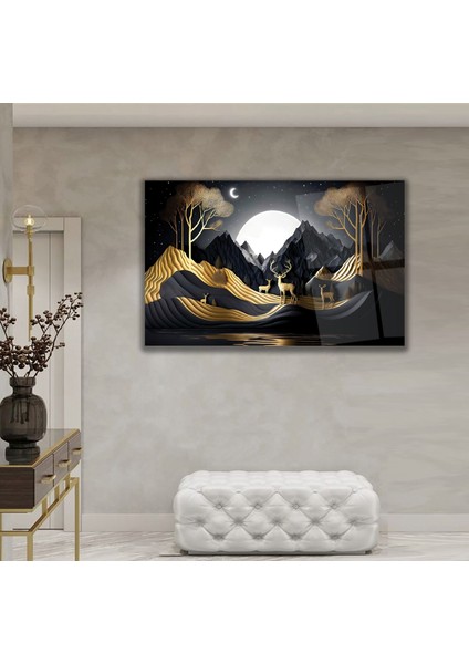 Altın Gece Geyik Cam Tablo
