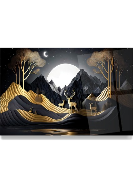 Altın Gece Geyik Cam Tablo modelleri
