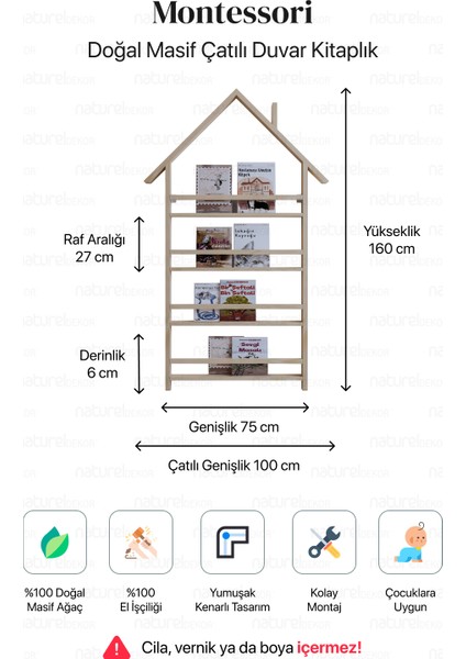 Naturel Home Çatılı Kitaplık Masif Ahşap Montessori Çatılı Duvar Kitaplık