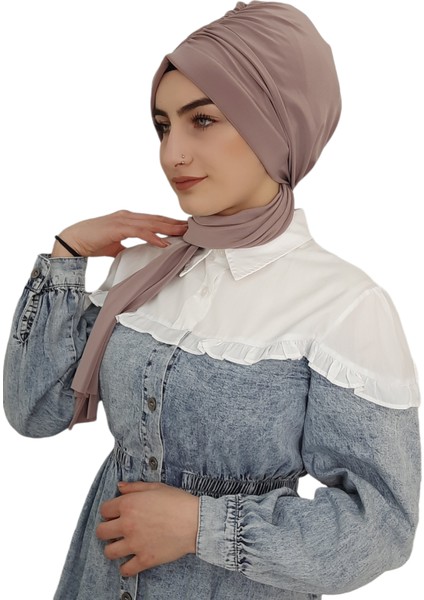 Tasarım Büzgülü Hazır Bone Hijap Vizon