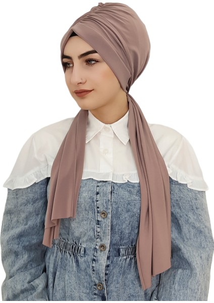 Tasarım Büzgülü Hazır Bone Hijap Vizon