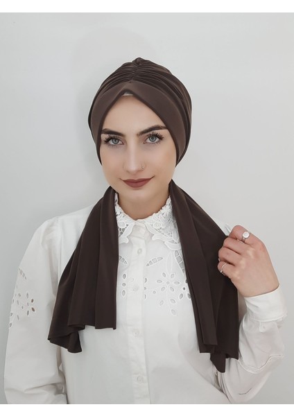 Tasarım Büzgülü Hazır Bone Hijap Kahve