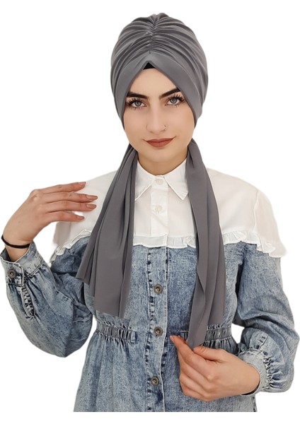 Tasarım Büzgülü Hazır Bone Hijap Gri