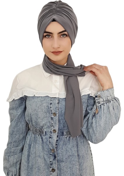 Tasarım Büzgülü Hazır Bone Hijap Gri