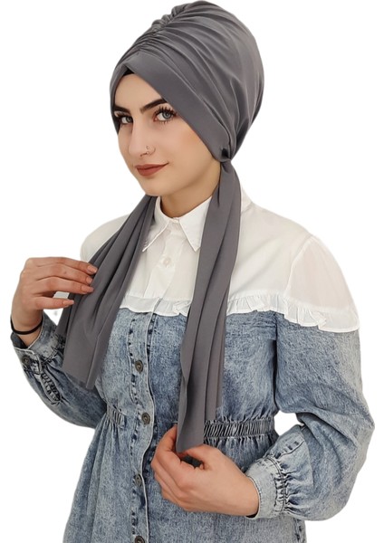 Tasarım Büzgülü Hazır Bone Hijap Gri