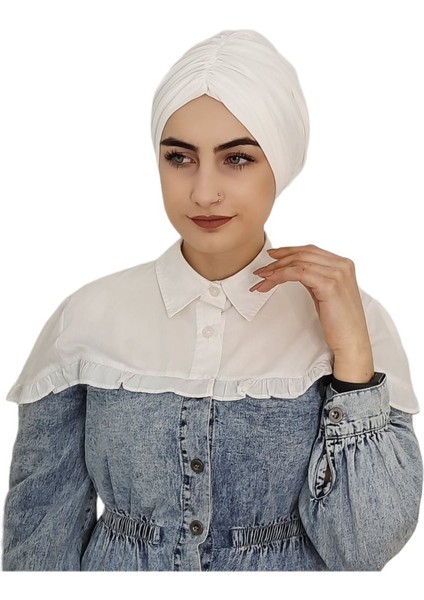 Önü Büzgülü Arkadan Baglamalı Hazır Bone Beyaz Renk