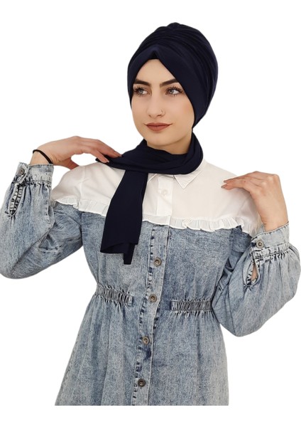 Tasarım Büzgülü Hazır Bone Hijap Lacıvert