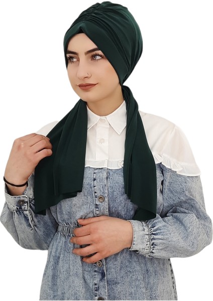Tasarım Büzgülü Hazır Bone Hijap Zümrüt Yeşili