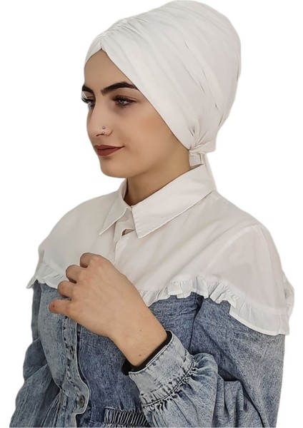 Önü Büzgülü Arkadan Baglamalı Hazır Bone Ekru Renk