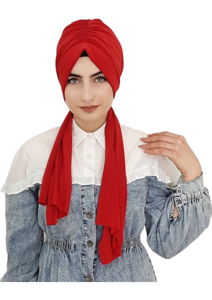 Tasarım Büzgülü Hazır Bone Hijap Kırmızı