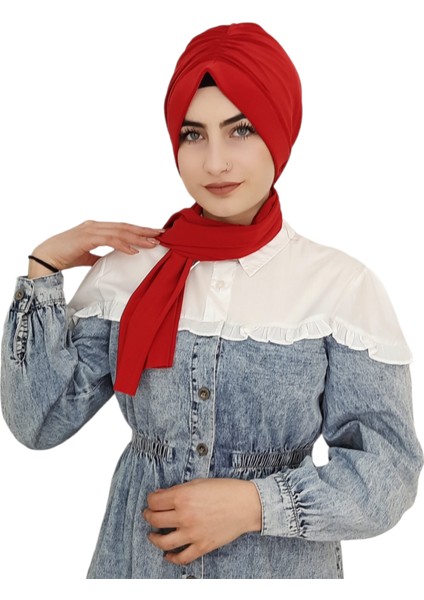 Tasarım Büzgülü Hazır Bone Hijap Kırmızı