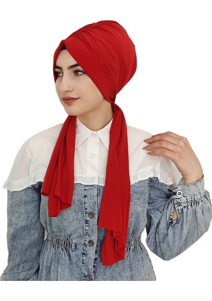 Tasarım Büzgülü Hazır Bone Hijap Kırmızı