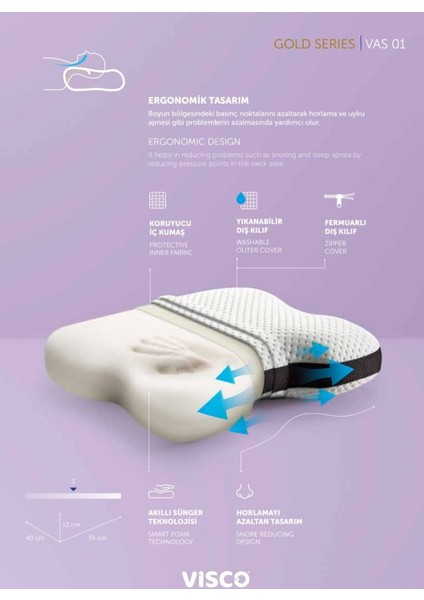 Visco Ortopedik Rahat Nefes Almayı Destekleyici Yastık Vas 01 Gold modelleri