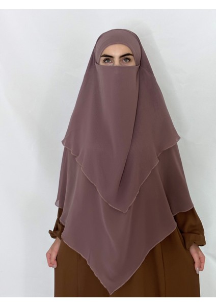 Üç Katlı Hazır Peçeli Sufle Khimar Şifon Esarp 4 Ipli Vizon Renk