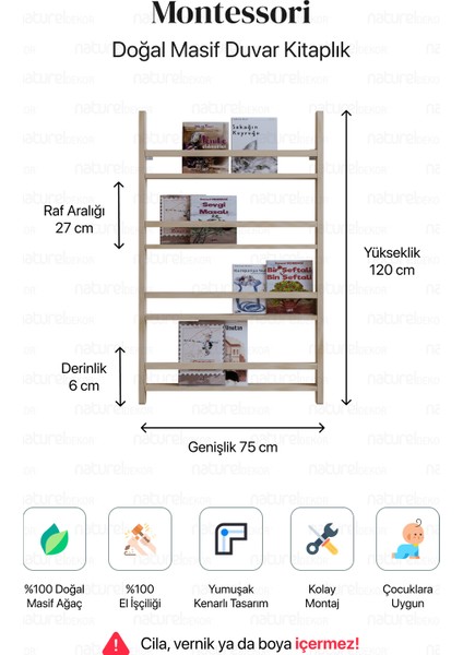 Duvar Kitaplığı Masif Ahşap Montessori Duvar Kitaplık