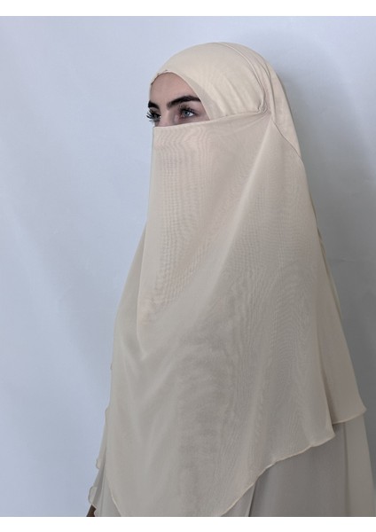 Üç Katlı Hazır Peçeli Sufle Khimar Şifon Esarp 4 Ipli Krem