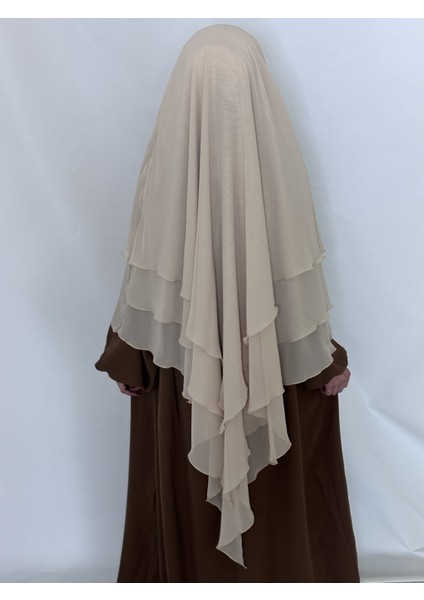 Üç Katlı Hazır Peçeli Sufle Khimar Şifon Esarp 4 Ipli Krem