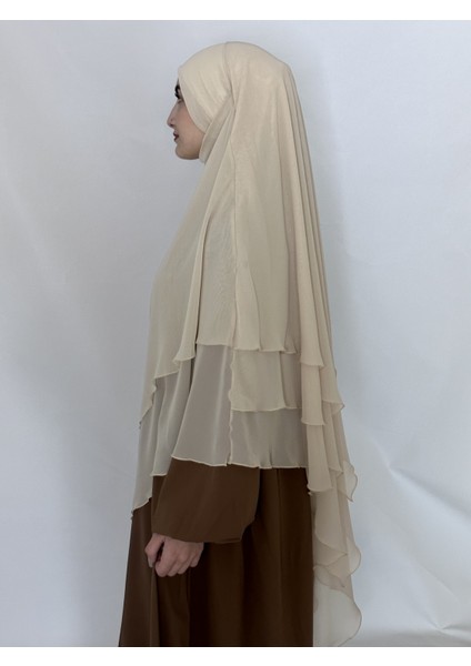Üç Katlı Hazır Peçeli Sufle Khimar Şifon Esarp 4 Ipli Krem