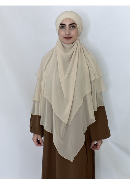 Üç Katlı Hazır Peçeli Sufle Khimar Şifon Esarp 4 Ipli Krem