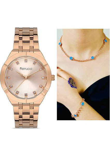 Taşlı Kasa Çelik Kadın Kol Saati+Nazarlıklı Set