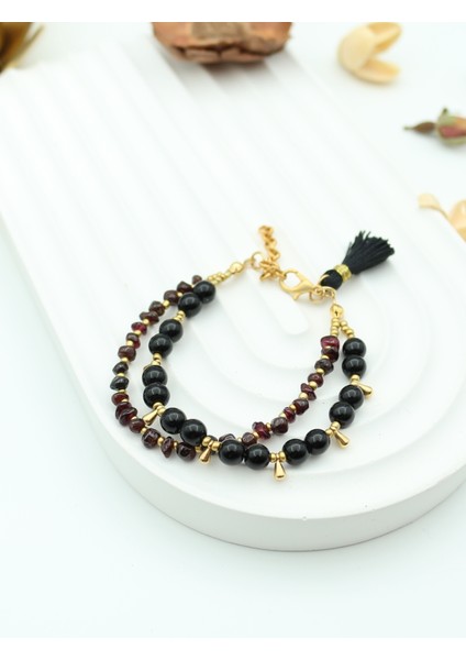 Garnet (Lal) ve Oniks Doğal Taşlı Kadın Bileklik