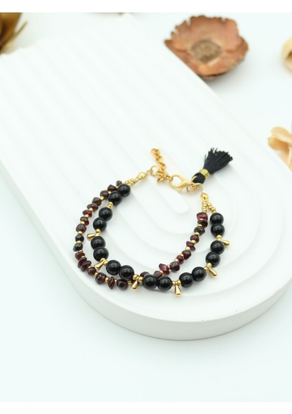 Garnet (Lal) ve Oniks Doğal Taşlı Kadın Bileklik fiyatları