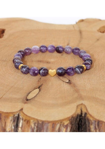 Ametist Doğal Taşlı Altın Kaplama Kadın Bileklik - Kalp