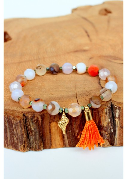 Aa+ Kalite Akik Doğal Taşlı Altın Kaplama Kadın Bileklik - Deniz Kabuğu