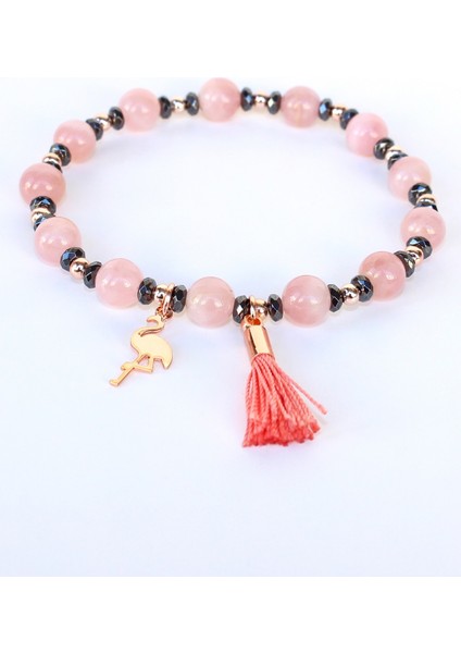 Pembe Kuvars ve Hematit Doğal Taşlı Rose Altın Kaplama Kadın Bileklik - Flamingo modelleri