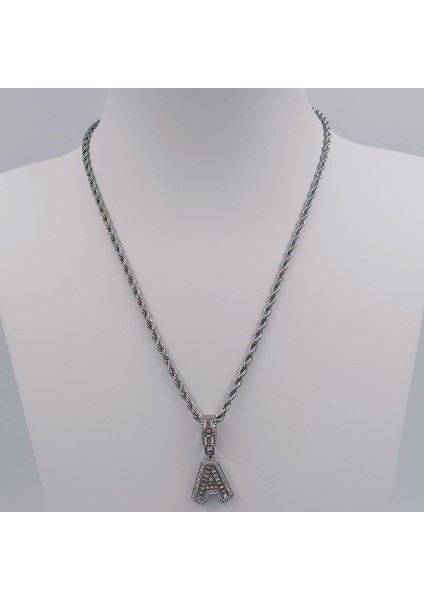Çelik Silver Zirkon Taşlı Orta Boy Harf Kolye - A Harfi 45 cm