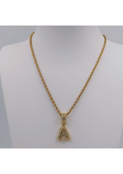 Çelik Gold Zirkon Taşlı Orta Boy Harf Kolye - A Harfi 45 cm