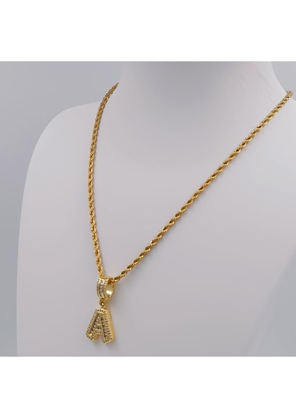 Çelik Gold Zirkon Taşlı Orta Boy Harf Kolye - A Harfi 45 cm modelleri