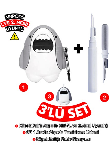 Airpods 1.ve 2.nesil Uyumlu Köpek Balığı Figürlü Kılıf, Köpek Balığı Kablo Koruyucu, 3 In 1 Temizleme Kalemi