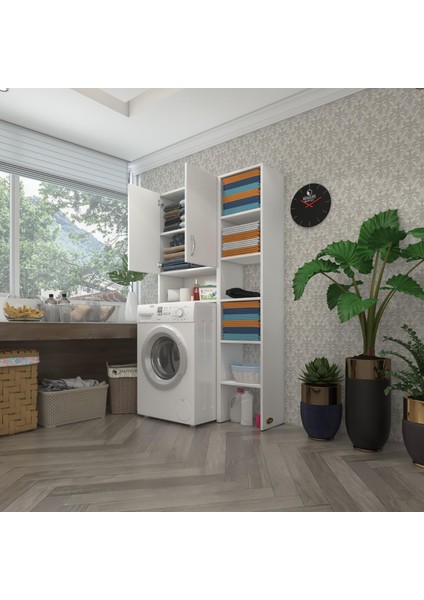 Çamaşır Makinesi Dolabı Sinemmaks Byz 180*096*30 Banyo Kapaklı Arkalıklı Raflı