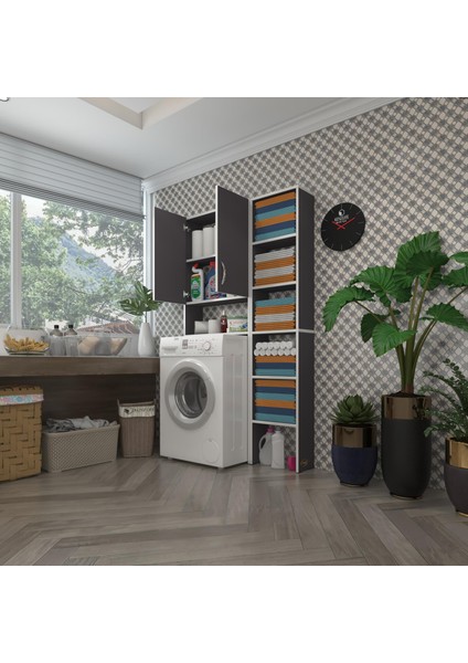 Kenzlife çamaşır makinesi dolabı veronikamaks gri 180*096*20 banyo kapaklı arkalıksız raflı