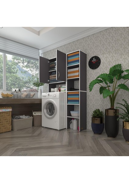 Kenzlife çamaşır makinesi dolabı sinemmaks gri 180*096*30 banyo kapaklı arkalıklı raflı