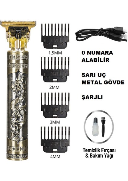 Şarjlı Gold Ejderha Motifli T Jiletli Saç Sakal Kesme Traş Makinası Sıfır Kesim Imkanı Traş Makinası