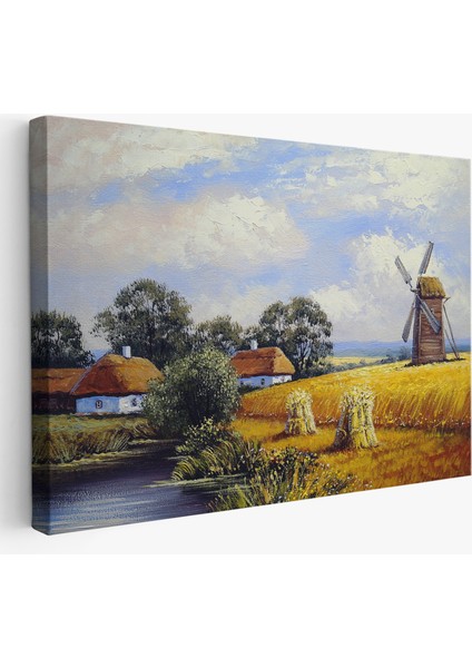 Buğday Tarlası ve Değirmen Yağlıboya Görünüm Dekoratif Kanvas Duvar TABLOSU-3556