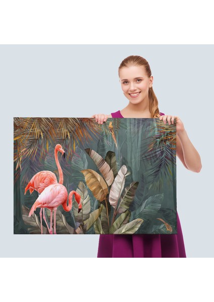 Pembe Filamingolar Yağlıboya Görünüm Dekoratif Tablo -3700 fırsatları