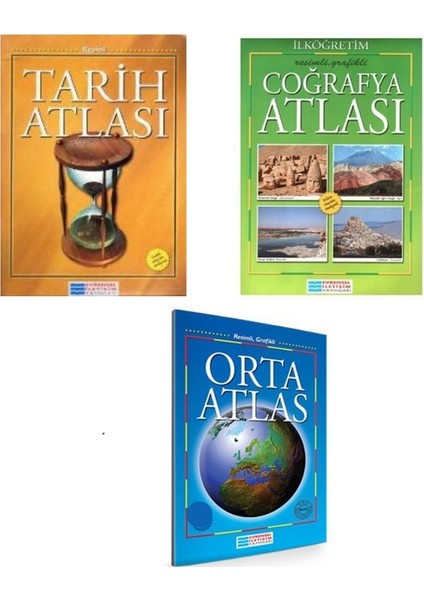 Evrensel İletişim Yayınları   3 Lü Atlas  Set Coğrafya Atlası + Orta Atlası + Tarih Atlası