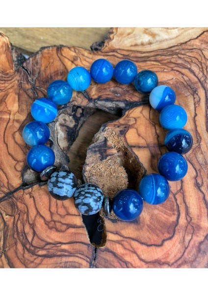 Mavi Akik ve Obsidyen Bileklik