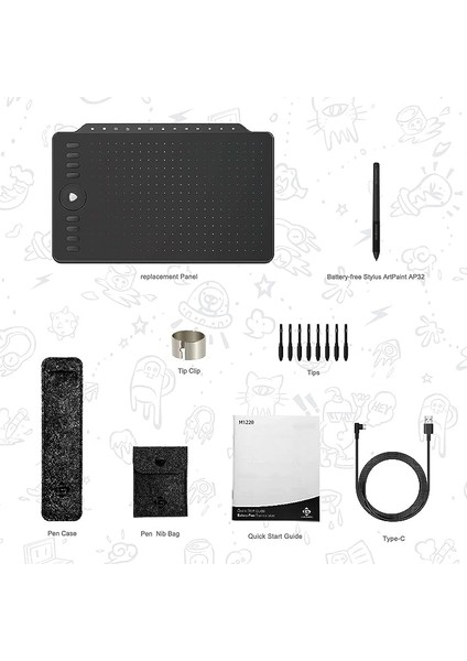 M1220 12 Inç Grafik Çizim Tableti, 24 Kısayol Tuşlu, 8192 Kalem Basınç Seviyesi ve AP32 Pilsiz Kalem Ile, Android & Windows & Mac Os ile Uyumlu
