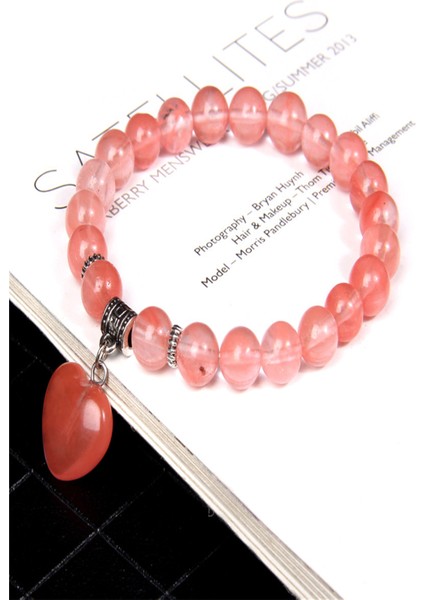 Doğal Taş Pembe Kuvars Kalpli Bileklik