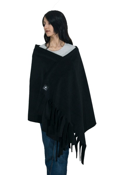 Siyah Püskülü Unisex Polar Şal