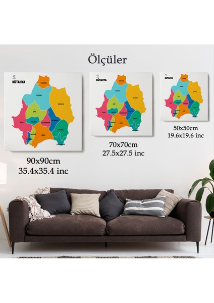 Kütahya Ili ve Ilçeler Haritası Dekoratif Kanvas Tablo 1406