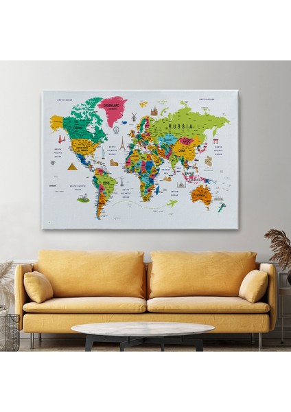 Dünya Haritası Son Derece Ayrıntılı Eğitici ve Sembollü Dekoratif Kanvas Tablo 3215 fiyatları