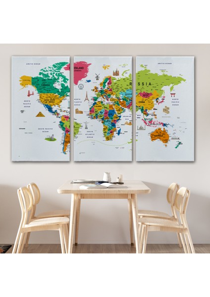 Dünya Haritası Son Derece Ayrıntılı Eğitici ve Sembollü Dekoratif Kanvas Tablo 3215 modelleri