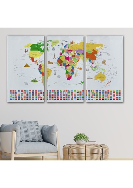 Dünya Haritası Ülke Bayraklı ve Başkentli Kanvas Tablo 1919 modelleri